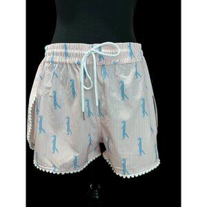 SOUTHERN SAINT POM POM TRIM SHORTS Womens XXL Pink & White Striped Blue Dinosaur